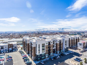 Building exterior with view of mountains